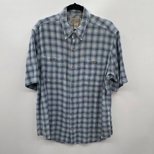 Duluth blue plaid shirt sleeve button men hemp organic cotton workwear top L
